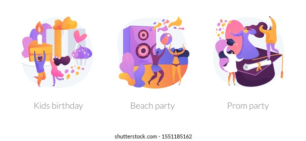 Children anniversary celebration, summer season discotheque, school graduation ball icons set. Kids birthday, beach party, prom party metaphors. Vector isolated concept metaphor illustrations