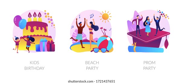 Children anniversary celebration, summer season discotheque, school graduation ball icons set. Kids birthday, beach party, prom party metaphors. Vector isolated concept metaphor illustrations