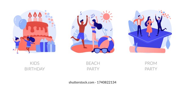 Children anniversary celebration, summer season discotheque, school graduation ball icons set. Kids birthday, beach party, prom party metaphors. Vector isolated concept metaphor illustrations