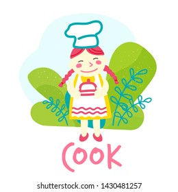 Children in an apron and chef hat. Girl with a tray in his hands. Girl cooks food. Vector illustration collection