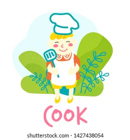 Children in an apron and a chef's hat. The boy is cooking. Vector Illustration Collection