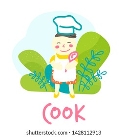 Children in an apron and a chef's hat. The boy is cooking. Baby with a big spoon in his hands Vector Illustration Collection