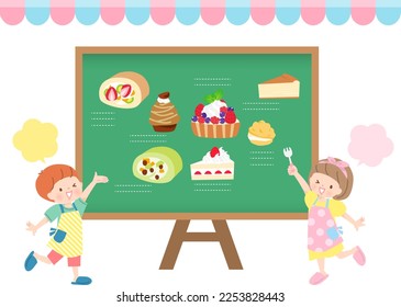 Children in aprons introducing cakes while looking at the menu