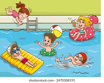 Children in aqua park swimming pool having fun.Summer Outdoor Activity Concept Cartoon Vector Illustration