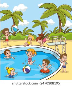 Kinder im Aquapark-Schwimmbad Spaß haben.Sommer Outdoor-Aktivität Konzept Cartoon-Vektorillustration