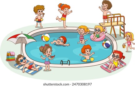 Children in aqua park swimming pool having fun.Summer Outdoor Activity Concept Cartoon Vector Illustration