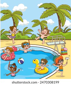 Kinder im Aquapark-Schwimmbad Spaß haben.Sommer Outdoor-Aktivität Konzept Cartoon-Vektorillustration