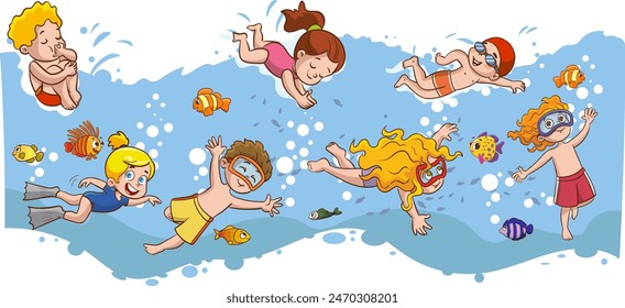 Children in aqua park swimming pool having fun.Summer Outdoor Activity Concept Cartoon Vector Illustration