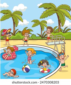 Children in aqua park swimming pool having fun.Summer Outdoor Activity Concept Cartoon Vector Illustration