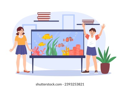 Children and aquarium concept. Boy and girl with glass with water. Reefs and corrals with fish. Nautical dweller and wild life. Cartoon flat vector illustration isolated on white background