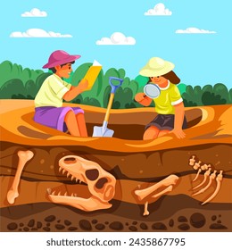 Children archaeologists. Child archeology, cartoon kid archaeologist or paleontologist history excavation working, kids exploring ancient fossil in soil, vector illustration of archeology cartoon