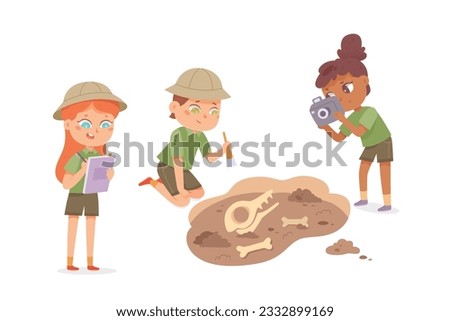 Children archaeologists discover dinosaur fossil on excavation works of archeology vector illustration. Cartoon isolated kids explore nature, holding brush, camera and notebook to study animal skull 商業照片 © 