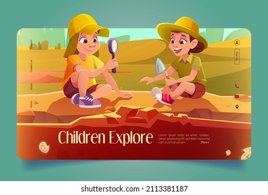 Children archaeology explore cartoon landing page. Kids play in archaeologists work on excavations, boy and girl digging soil with shovel, exploring artifacts with magnifying glass, Vector web banner