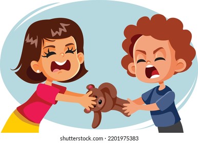 
Kinder, die über Teddy Bear Toy Vector Illustration streiten. Bruder und Schwester lernen, ihren Konflikt zu teilen und zu lösen
