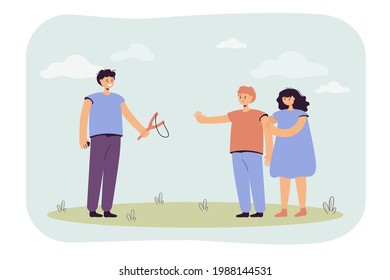 Children arguing vector illustration. Boy offering kids play slingshot, another boy angry at it, refusing, girl hiding behind him. Child conflict concept for banner, website design, landing web page