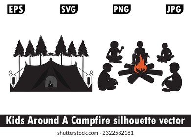 Children Around a Campfire Silhouette vector, Campfire vector, Kids silhouette vector, Campfire silhouette, Children around campfire, Kids camping vector.