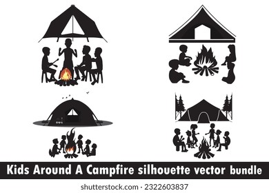 Niños Alrededor de un paquete vectorial Siluette Campfire, paquete vectorial Campfire, paquete vectorial de silueta infantil, paquete de silueta Campfire, Niños alrededor del paquete campfire, vector de camping infantil.