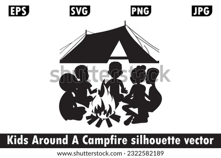 Children Around a Campfire Silhouette vector, Campfire vector, Kids silhouette vector, Campfire silhouette, Children around campfire, Kids camping vector.