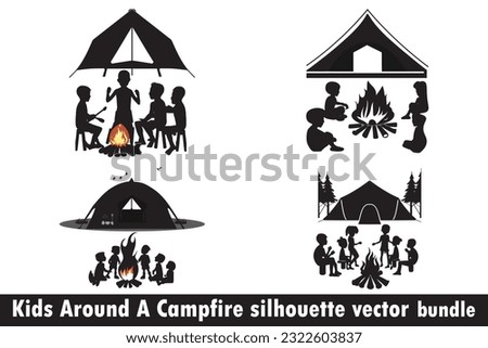 Children Around a Campfire Silhouette vector bundle, Campfire vector bundle, Kids silhouette vector pack, Campfire silhouette bundle, Children around campfire bundle, Kids camping vector.