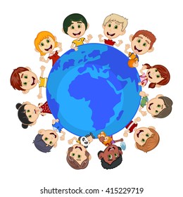 children around the earth cartoon vector illustration