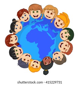children around the earth cartoon vector illustration