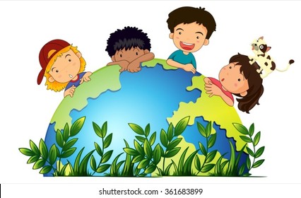Children Running Around Globe Illustration Stock Vector (Royalty Free ...