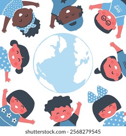 Children Around the Globe. Multicultural Group of Kids Holding Hands, stand around the Planet Earth. Happy Baby Girls, Baby Boys. International Children's Day. Earth Day. Vector illustration