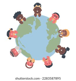 Niños alrededor del mapa del mundo. Grupo multicultural de niños. Niños y niñas felices. Ilustración del vector