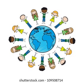 children around planet, drawing. vector illustration