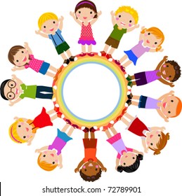 children around a rainbow