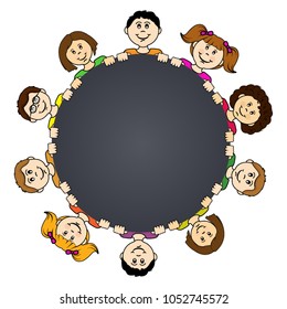 Children around round circle vector drawing