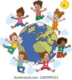 Children around the world on a white background. Vector clip art illustration.