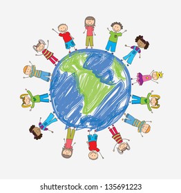 children around the world in signal of protection vector illustration