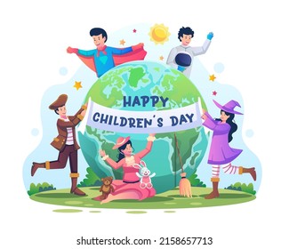 Niños de todo el mundo usan disfraces como superhéroes, astronautas, piratas, brujas y princesas de cuentos de hadas para celebrar el día de los niños. Ilustración vectorial de estilo plano