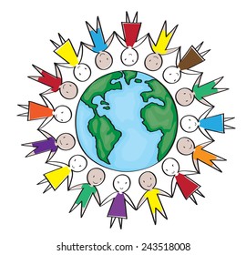 Children around the world in white background
