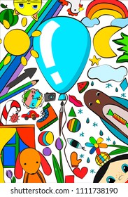 Children art drawing background. Hand doodle kid sketch draw cartoons, vector child creative picture.