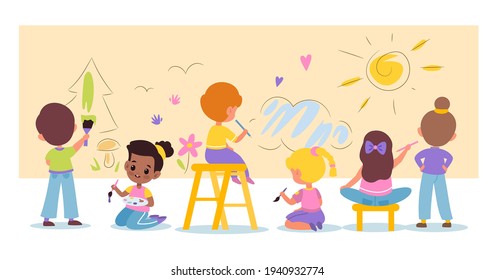 Children art  Funny cartoon kids draw doodles large horizontal paper sheet  young artists and paints crayons   pencils drawing wall  Cute boys   girls exhibition vector concept
