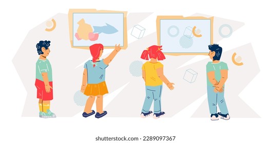 Children in art museum or gallery exhibition, flat vector illustration isolated on white background. Excursion for children to art museum. Banner or leaflet backdrop design.