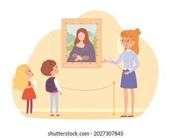 Children in art museum. Kids looking at painting with portrait in frame on wall vector illustration. School excursion scene with instructor guide teaching, boy and girl listening.