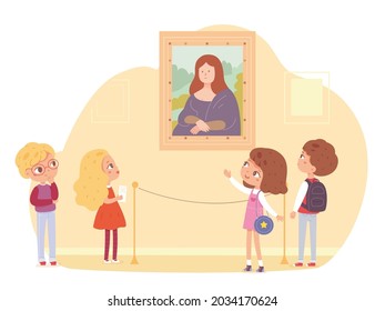 Children In Art Museum. Kids Looking At Painting With Portrait In Frame On Wall Vector Illustration. School Excursion Scene With Boys And Girls