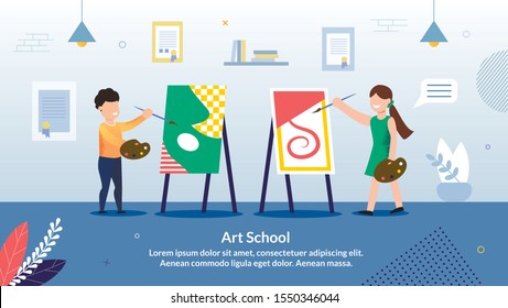 Children Art School, Drawing Classes for Kids Trendy Flat Vector Advertising Banner, Promo Poster Template. Happy Preschooler Boy and Girl Drawing Abstract Paintings with Paint and Brush Illustration