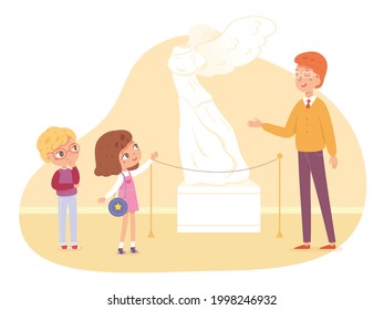 Children in art sculpture museum. Kids looking at white stone female figure in exhibition vector illustration. School excursion scene with instructor guide teaching, boy and girl listening.