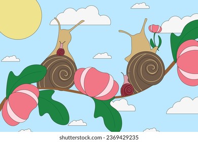 Children art with Snail on the twig with Spring Flowers. Summer art in japanese style. Escargot on the tree branch in chinese style. Vector illustration.