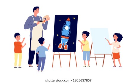 Children art studio. Kids drawing, painter teaching boy and girl paint. Kindergarten or school lesson vector illustration