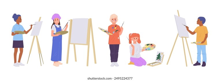 Children artists cartoon characters drawing pictures and painting on canvas set isolated on white