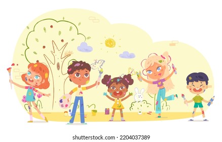 Children artists draw on wall and play vector illustration. Cartoon happy international school kids of different nationality holding paint brush, crayon and pencil, drawing creative sketch picture