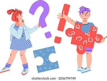 Children asking and getting answers. Confused girl having question and cheerful boy got an answer, flat cartoon vector illustration isolated on white background. Children education and schooling.