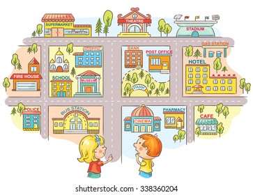 Children asking and telling the way to different city buildings, colorful cartoon