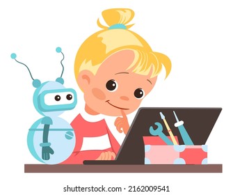 Children assemble robot. Girl with robotic toy and laptop. Smart kid programming android. Automatic electronic machine. Artificial intelligence. Vector educational