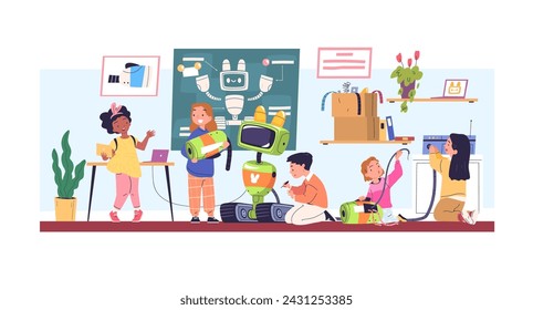 Children assemble robots. Kids create robot, child engineering school project mechanic robotic lab development, student teamwork making science invention vector illustration of robot kid science